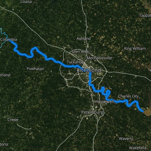 Fly fishing map for James River: Lower, Virginia